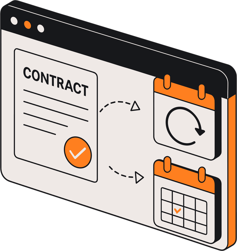 Image of contracts on a screen, featuring a calendar with an end date and a renewal icon representing the functionality of NetSuite renewals.