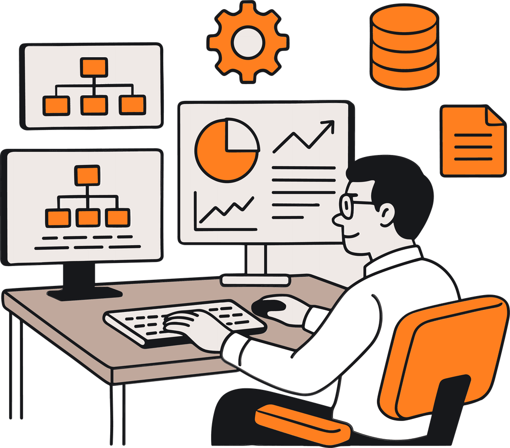 Depiction of a man using a two-monitor computer, enhanced by floating graphics that represent NetSuite product data management tools.