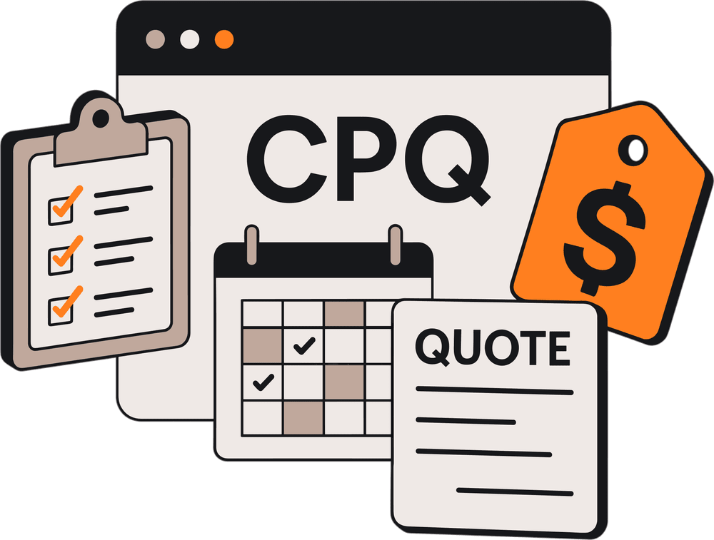 NetSuite CPQ dashboard with calendar, feature checklist, pricing, and quote icons illustrating the configure, price, quote functionality.