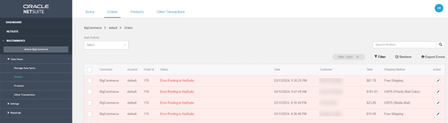 BigCommerce NetSuite connector order sync error.