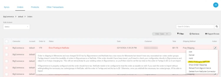 Retrying single order sync BigCommerce NetSuite connector.