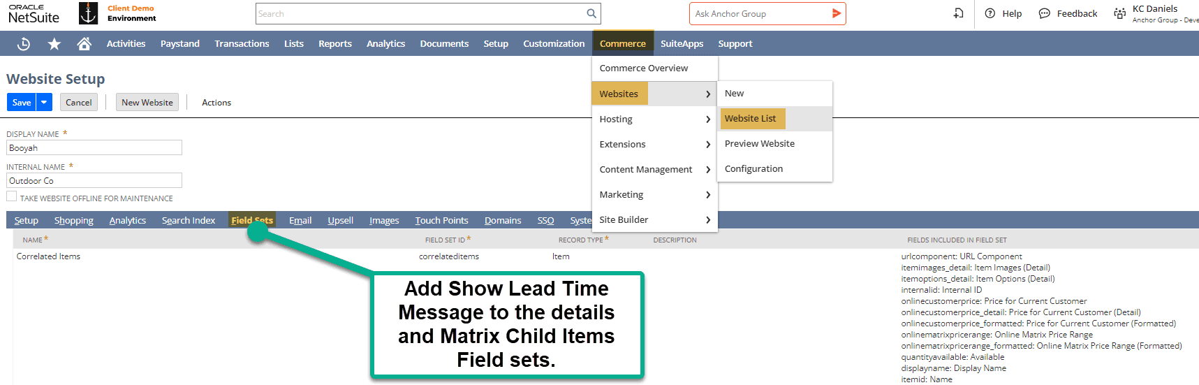 Commerce websites website list field sets.