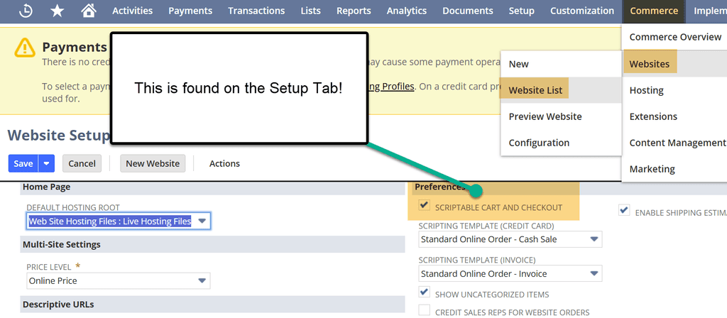 Commerce website list setup tab scriptable cart and checkout.