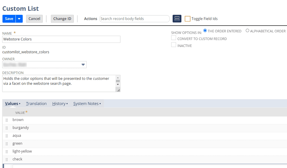 NetSuite custom list website colors.