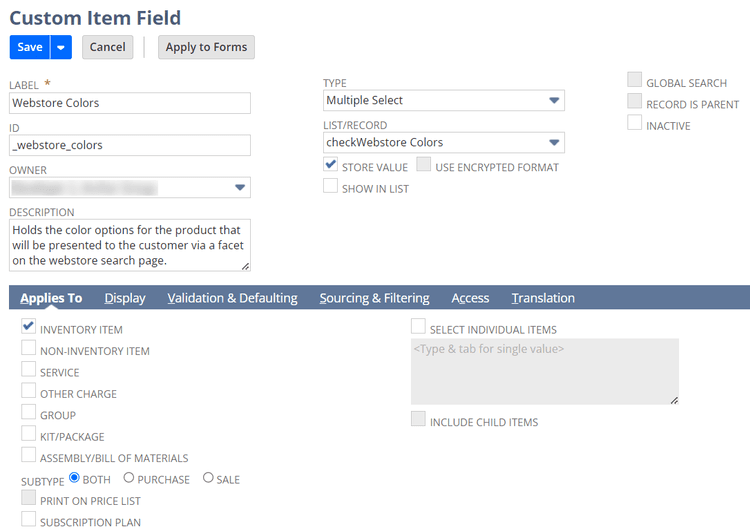 NetSuite custom item field webstore colors.