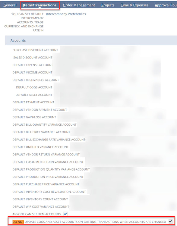 Items transactions accounts preference to enable features.