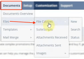 NetSuite navigation documents file cabinet.