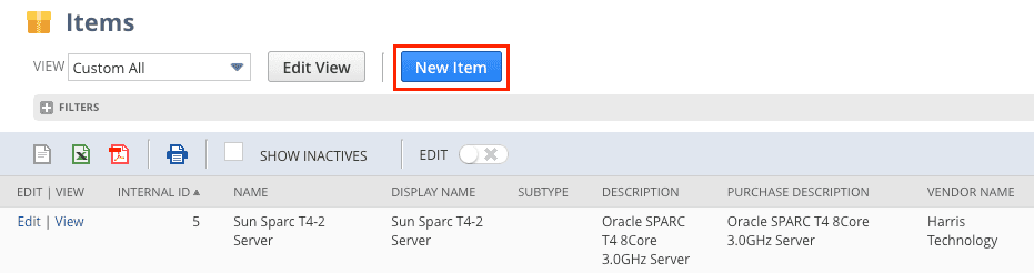 Item page with the New Item button highlighted.