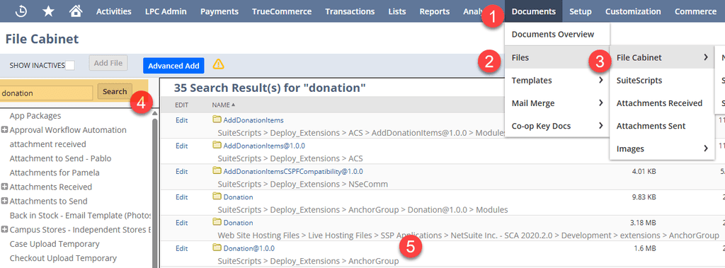 NetSuite documents file cabinet search donation search results.