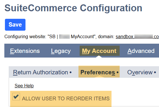 SuiteCommerce configuration MyAccount allow user items. to reorder