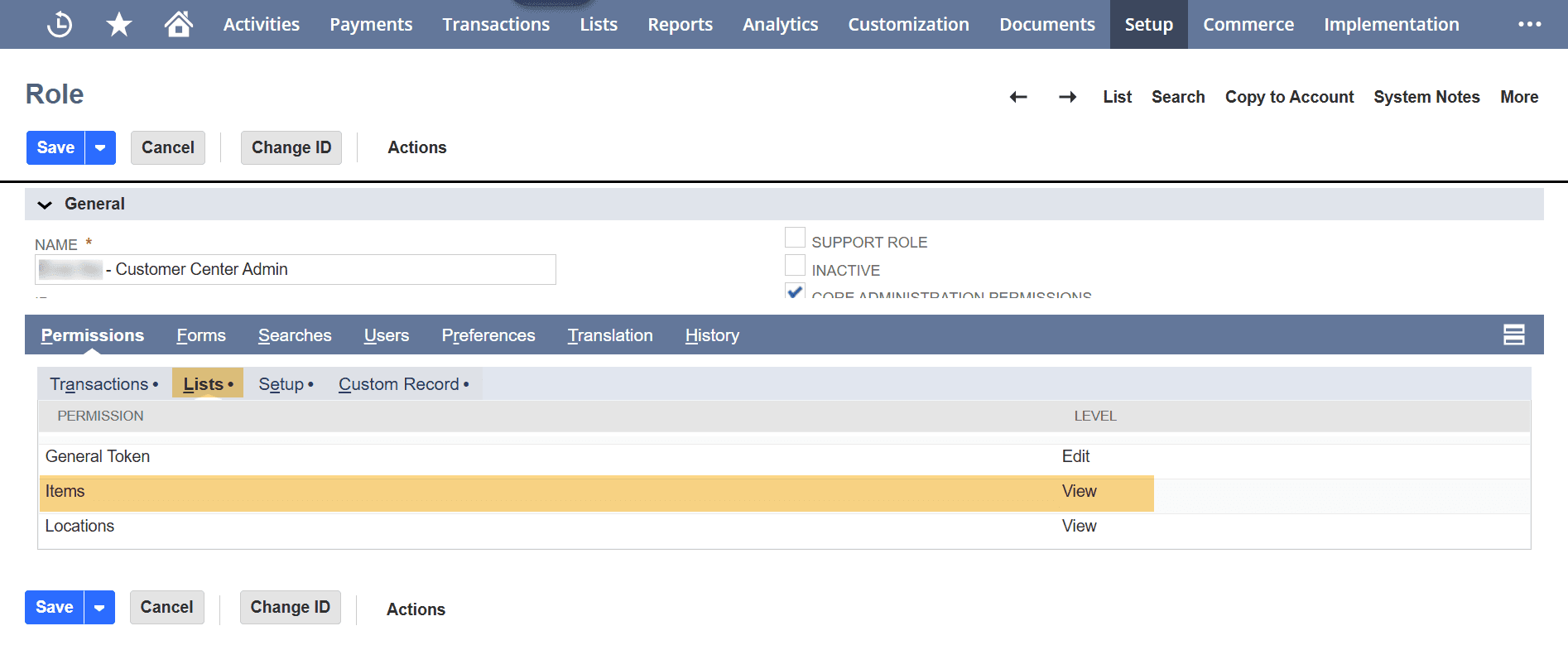 NetSuite role permissions lists items view.