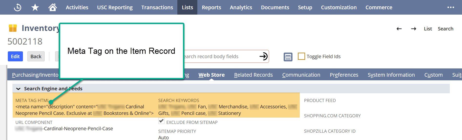 NetSuite meta tag on the item record.
