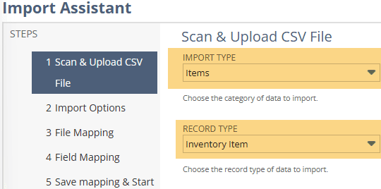 NetSuite scan upload CSV file import assistant.
