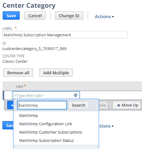 MailChimp search on center category in NetSuite.