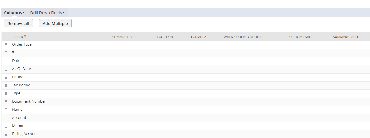 Columns of data and configurations shown.