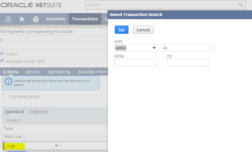 Saved Transaction Search popup tab.