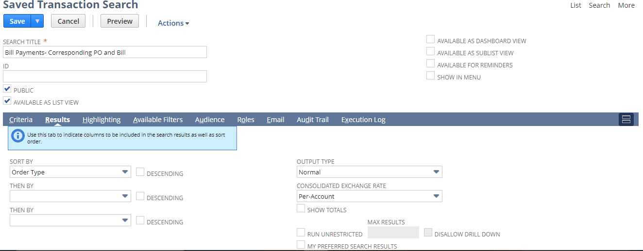 Saved Transaction Search page screenshot.