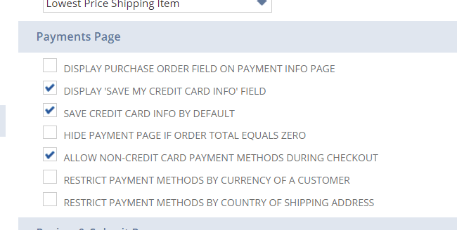 Payments Page with several configurations.