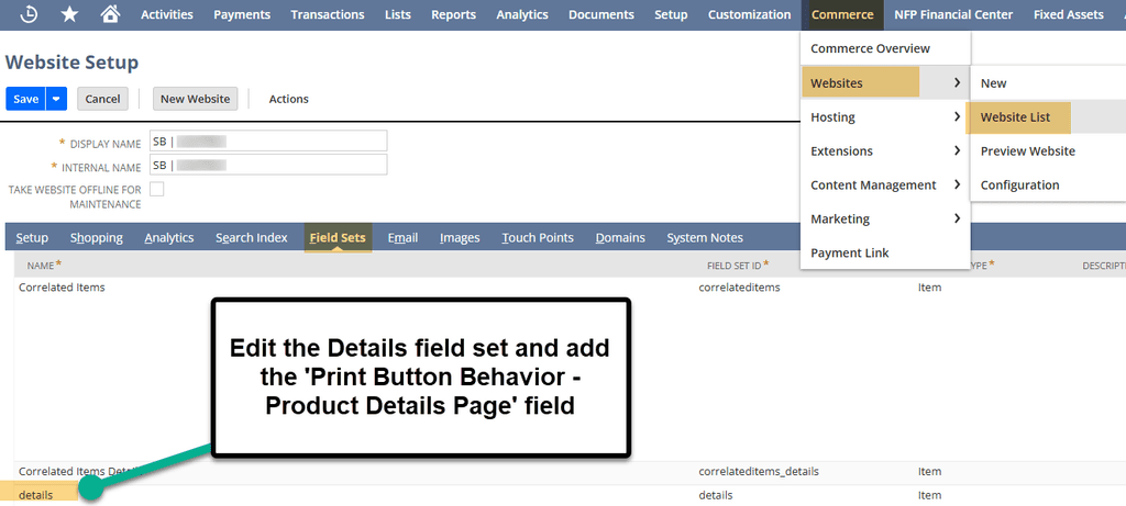 Commerce website list field sets details.