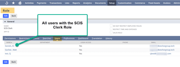 NetSuite setup role SCIS clerk users.