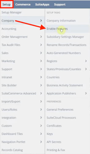 NetSuite navigation setup company enable features.