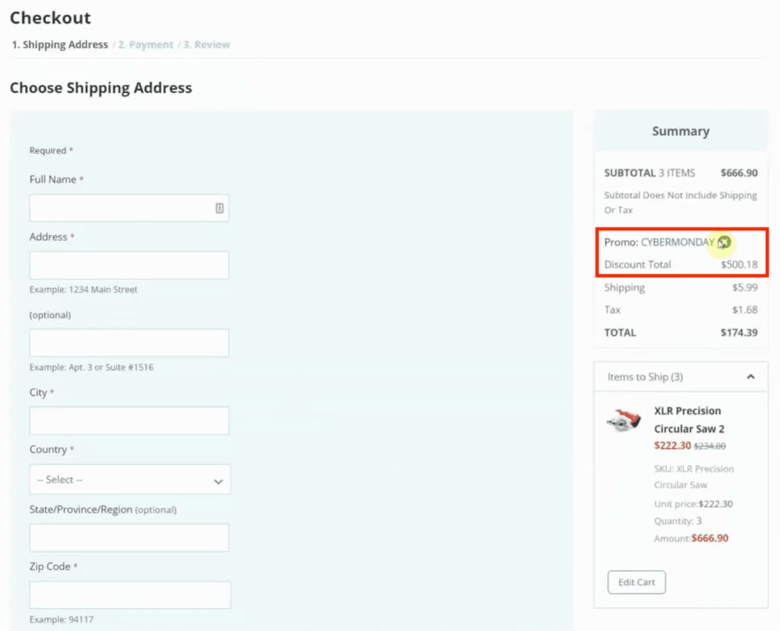 SuiteCommerce checkout promo code applied.