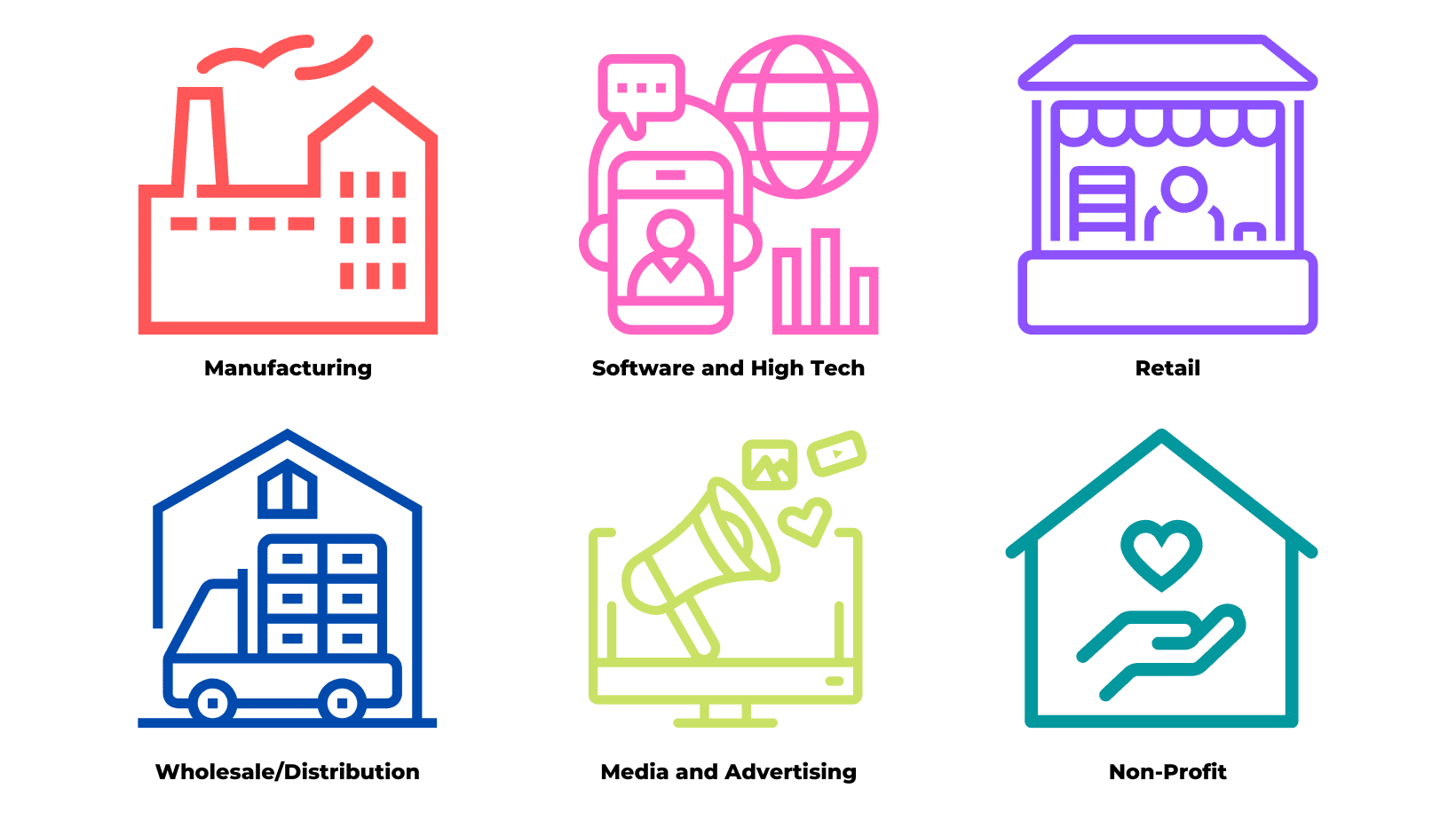 NetSuite verticals blog with six multicolored icons.