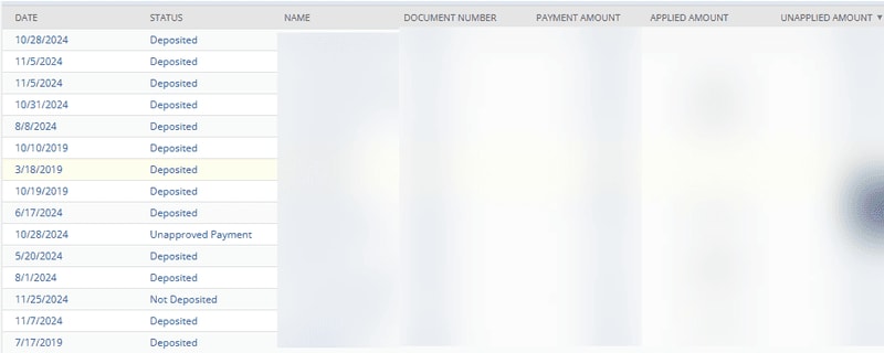NetSuite saved search results unapplied payment database.