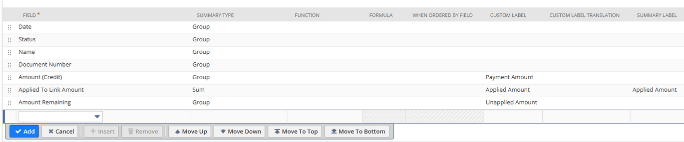 NetSuite saved search results fields.