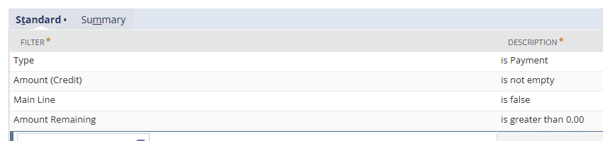 NetSuite standard filter type amount credit main line amount remaining.