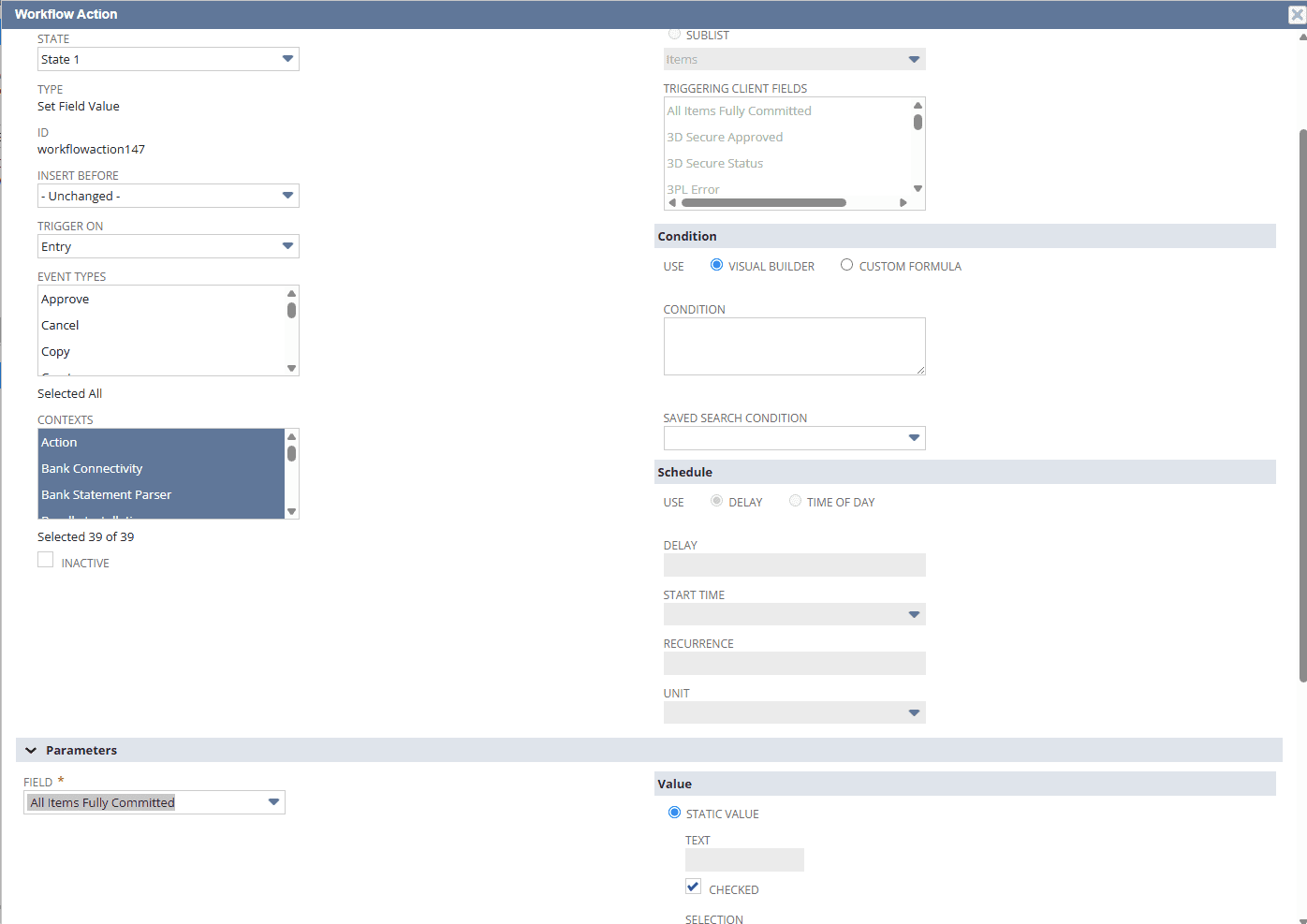 NetSuite workflow event definition page setup.