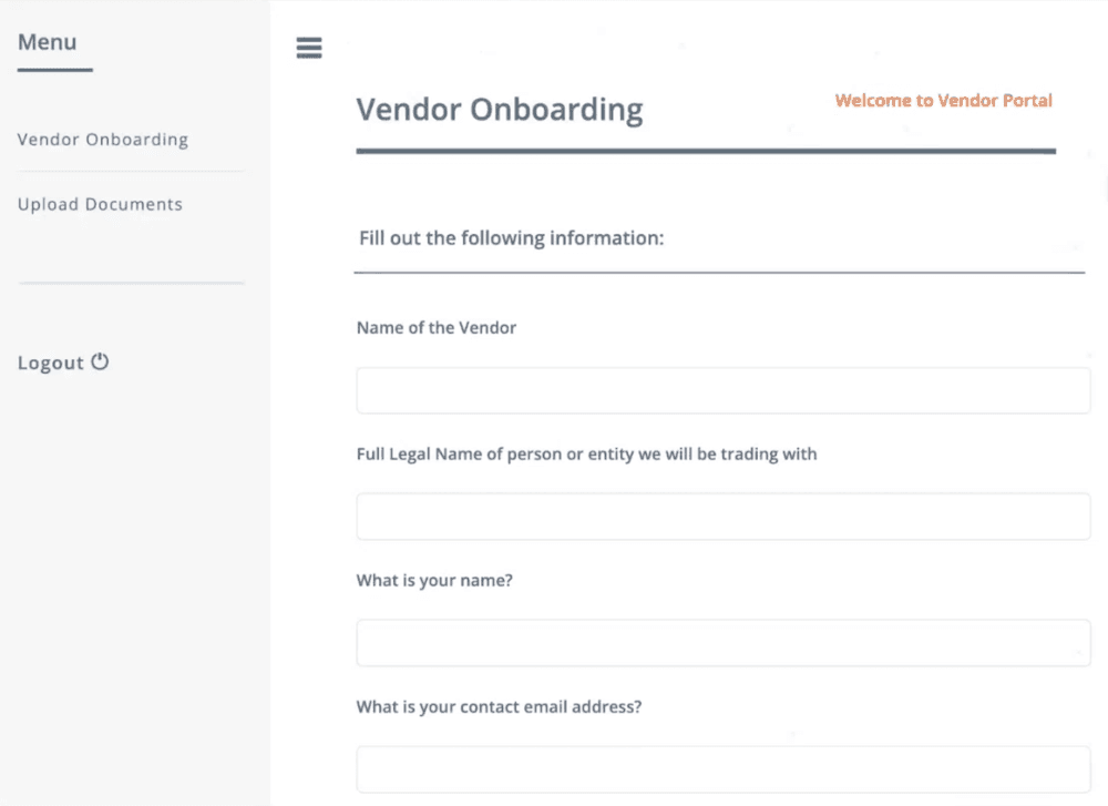 Vendor onboarding screen.