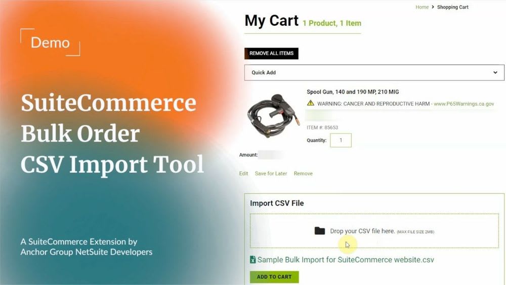 SuiteCommerce Bulk Order CSV Import Tool.