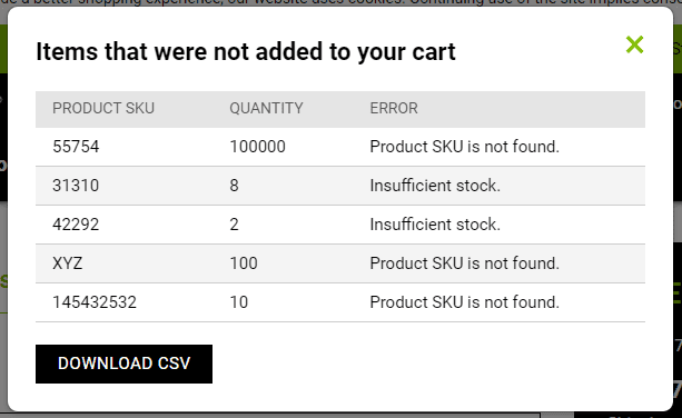 A list of Items that were not added to your cart.