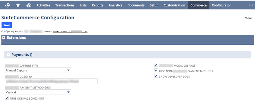 SuiteCommerce payments integrator configuration.