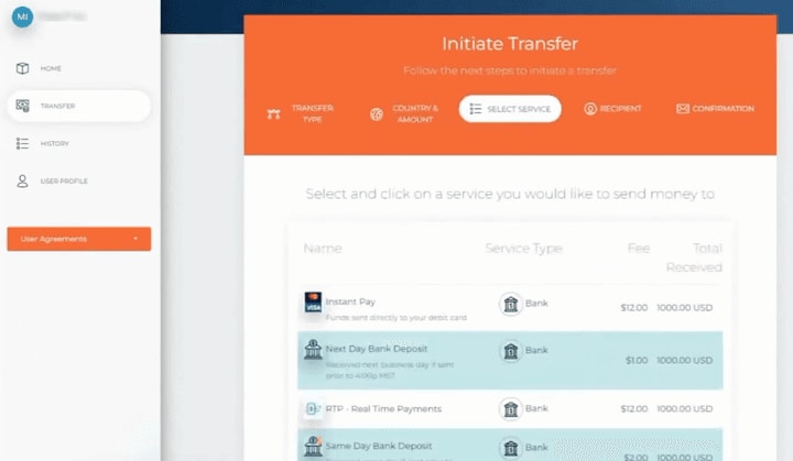 Initiate transfer fees screenshot.