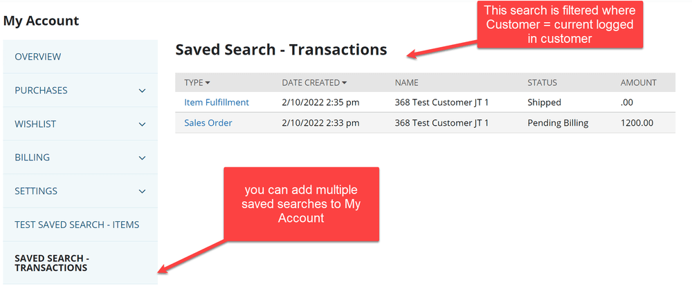 SuiteCommerce My Account saved search transactions example.