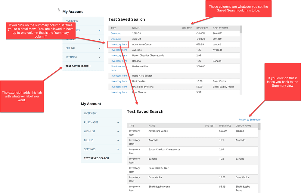SuiteCommerce My Account saved search test summary.