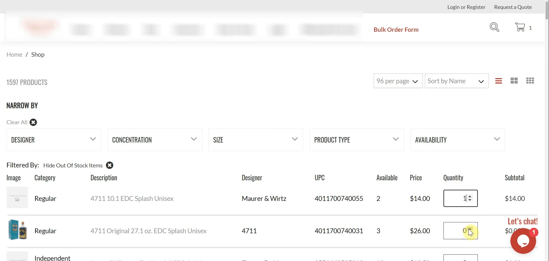 Navigation of wholesale bulk order dashboard.