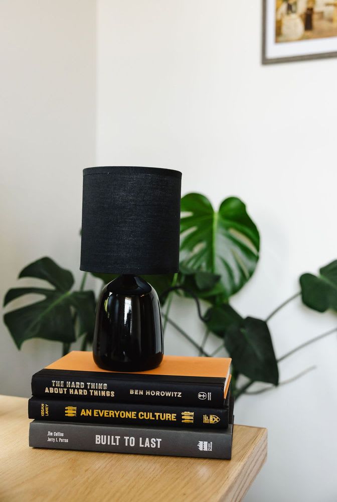 Three books and a lamp displayed on a desk, with a plant behind them.