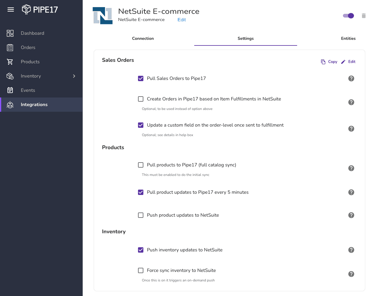 NetSuite Pipe17 example settings.