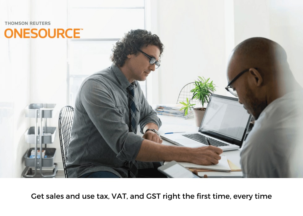 Thomson Reuters OneSource with two men working on spreadsheets.