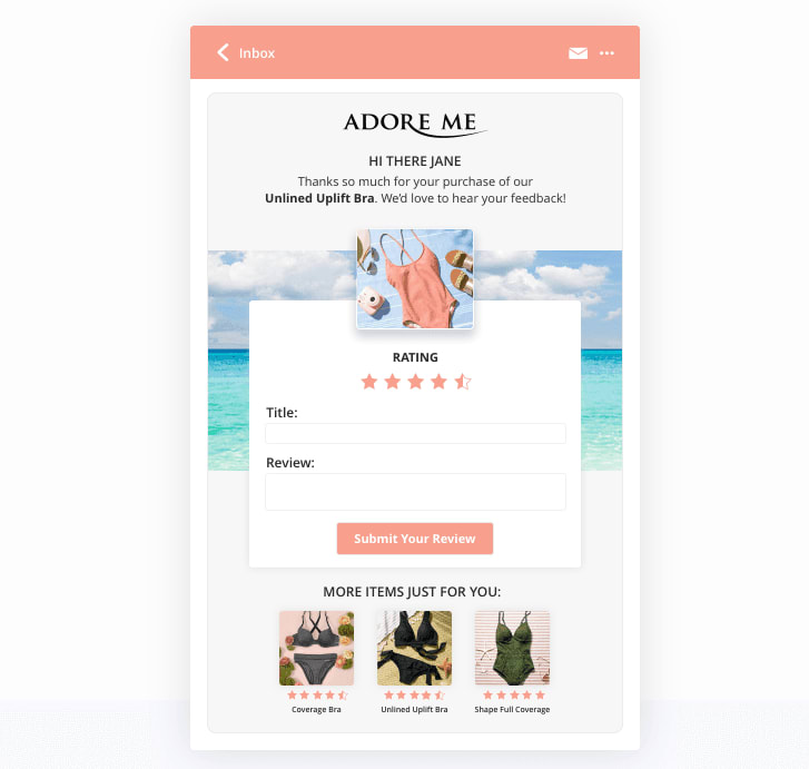 Adore Me swimsuits example Yotpo page.