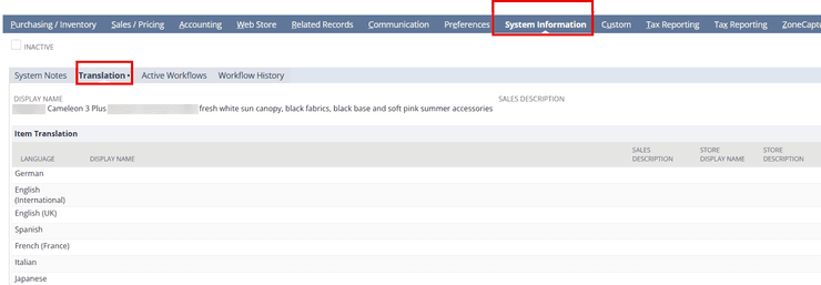 NetSuite system information translation.