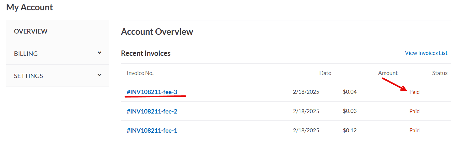 SuiteCommerce MyAccount overview invoice number amount paid.