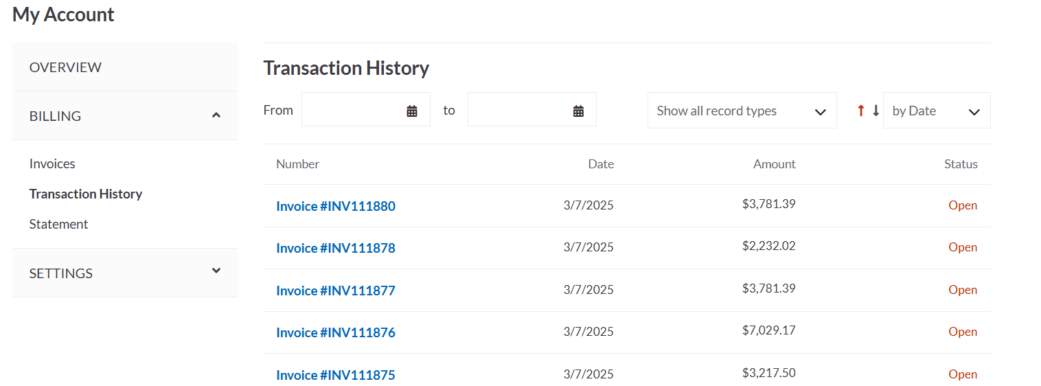 SuiteCommerce MyAccount transaction history.