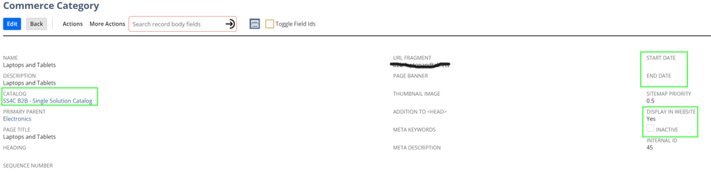 Commerce Category screen with the Catalog section, Start Date, and Display in Website fields highlighted.