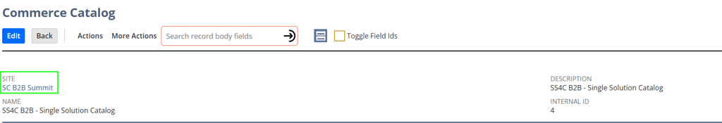 Commerce Catalog page showing the Site field prominently.