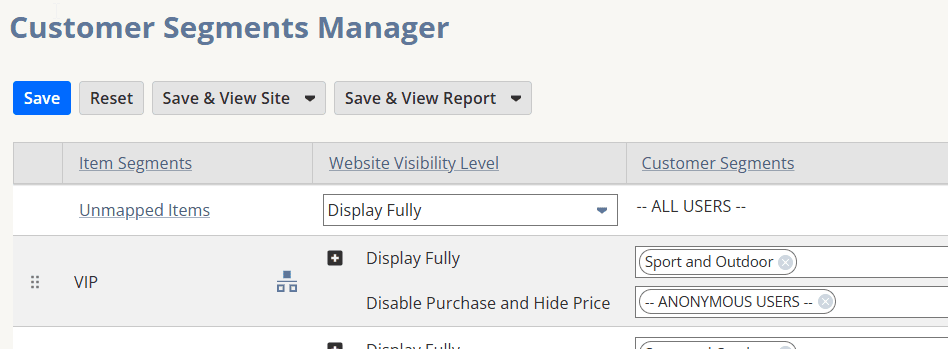 Customer Segments Manager page with various configurations.