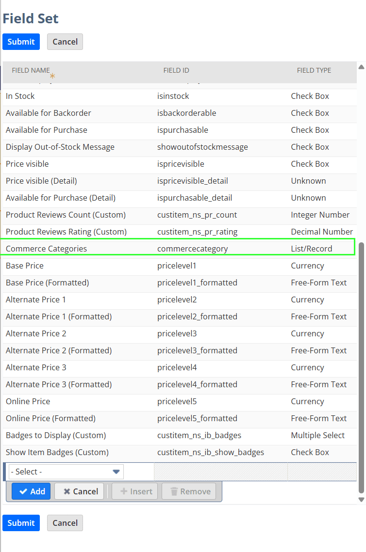 Field set list with the Commerce Categories item highlighted.
